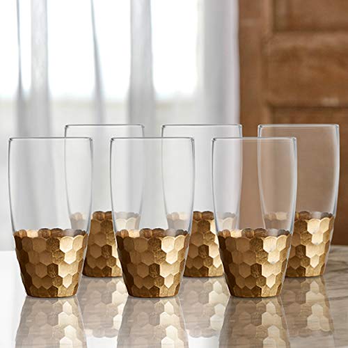 Fitz and Floyd 229705-6HB Daphne Highball Glass Set of 6 - Elegant Lead-free Matching Drinkware Perfect For Everyday Use Or Entertaining - Stylish Modern. An Ideal Gift, 3.3x5.9", Gold