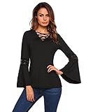 Easther Women’s Casual Cross Front Tunic Tops Deep V Neck Long Bell Sleeve T-Shirt Blouse (X-Large, Black)