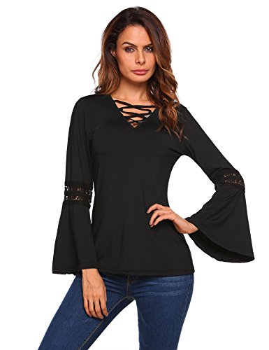 Easther Women’s Casual Cross Front Tunic Tops Deep V Neck Long Bell Sleeve T-Shirt Blouse (X-Large, Black)