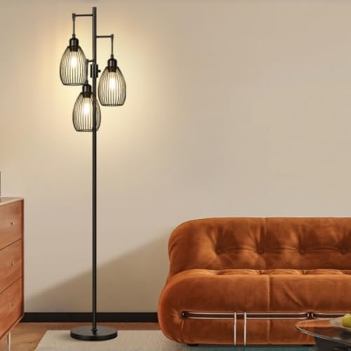 WAMBORY Dimmable Floor Lamp, 3 x 6W LED Bulbs Included, Farmhouse Industrial Floor Lamp with Rotary Switch, Vintage Tree Lamp with Elegant Teardrop Cage, Tall Standing Lamps for Living Room Bedroom