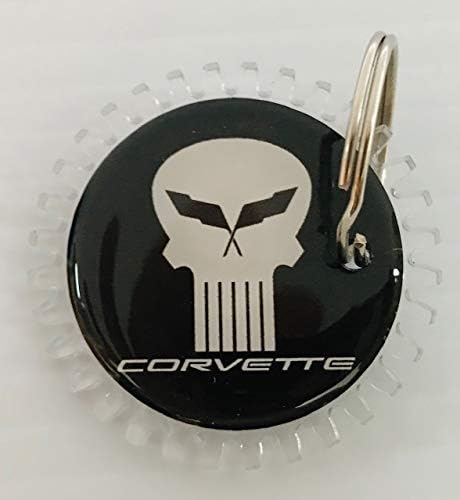 EzInstall Punisher Chevy Corvette Novelty Logo Domed Emblem Gear Cut Key Chain & Ring