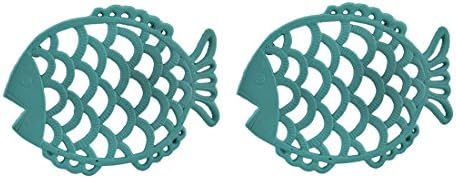 2 Piece Tropical Turquoise Blue Cast Iron Filigree Fish Decorative Trivet Set