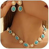 Jnncocier Lake Blue Sparkly Faux Turquoise 1920s Faux Pearls Choker Earrings Wedding Jewelry Set Fashion Circle Jewelry Set Halloween Necklace Earrings for Women