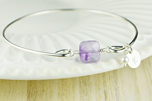 Amethyst Bangle Bracelet- Square Purple Gemstone Bead Bangle with or without Charms, Sterling Silver Filled Wire Wrap Bracelet-Custom Made to Size