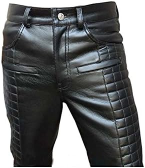 Mistere Handsome Mens Real Black Leather Quilted Design Motorcycle Bikers Pants Jeans TROUSER-502 As PictureW40 X L33