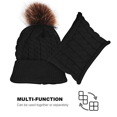 Baby Girls Boys Winter Beanie Hat Scarf Set Toddler Warm Knitted Hats Circle Scarf for Infant Newborn Winter Pom Hat Black - Thumbnail 2