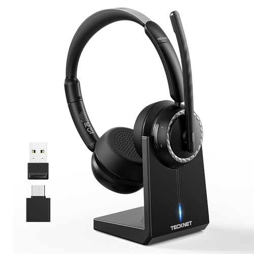 TECKNET V5.3 Bluetooth Headset with Microphone, Wireless Headset with AI Noise Cancelling Microphone, Charging Station, USB Dongle, 55+ Hours Battery, Rechargeable On-Ear Headphones for Office, Home, Call Centre
