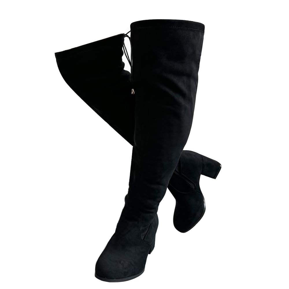 Photo 1 of YING LAN Women's Wide Calf Over The Knee Pull On Chunky Block Heel Tall Boots Black(Wide Calf)