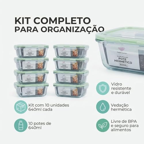 Pote de Vidro Hermético 640ml Retangular Kit 10 Unidades Marmita
