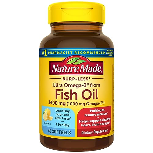 nature made burp less ultra omega 3 fish oil supplement, 1400 mg - supports healthy heart, brain and eyes - 45 softgels