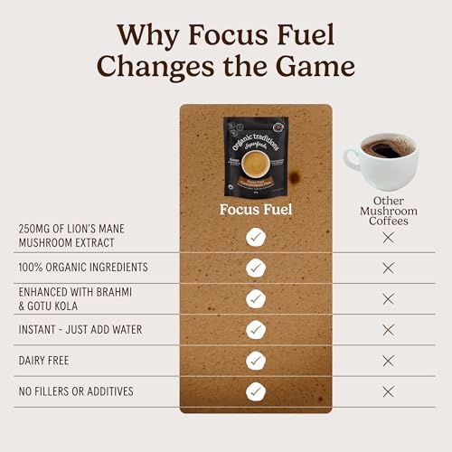 Organic Traditions Focus Fuel Mushroom Coffee, Instant Coffee with Lion’s Mane, MCT Oil Powder, Adaptogens, Coconut Milk, Smooth Dairy Free Blend for Daily Focused Energy, Organic Coffee, 280g / 10oz