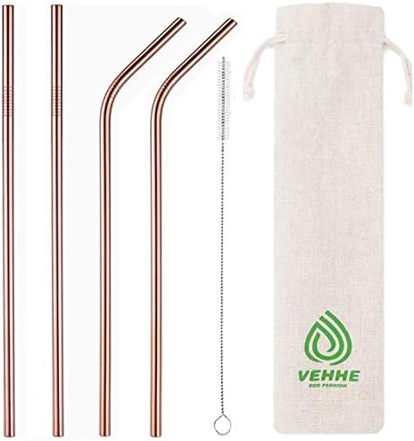 VEHHE Metal Straws Reusable Stainless Steel Straws Drinking 4 Set - Ultra Long 10.5" Cleaning Brush for 20/30 Oz for Yeti RTIC SIC Ozark Trail Tumblers(Rosegold)