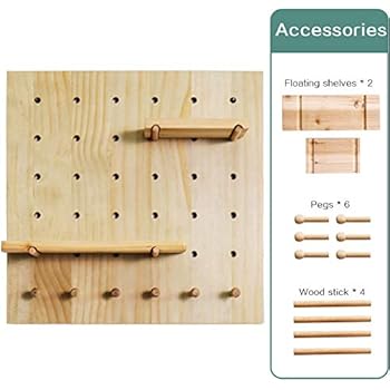 Creation Core Wooden Pegboard with 2 Floating Shelves & 6 Pegs Hooks Wall Storage Organizer System for Office Home Kitchen Decor 15.7x15.7, Natural