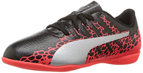 PUMA Unisex-Kids Evopower Vigor 4 Graph IT Jr Soccer-Shoes, Puma Black-Silver-Fiery Coral, 3 M US Little Kid