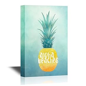 Canvas Wall Art - Yellow Pineapple with The Words Aloha Beaches - Giclee Print Gallery Wrap Modern Home Art | Ready to Hang - 12x18 inches