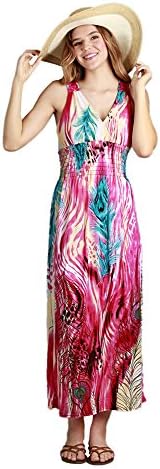 Exppozz Women's Maxi Dress - Tank Top Casual Bohemian Dress With Crochet Straps and Cinched Waist - Wrap Top Dress - Pink and Yellow Dress Size Large