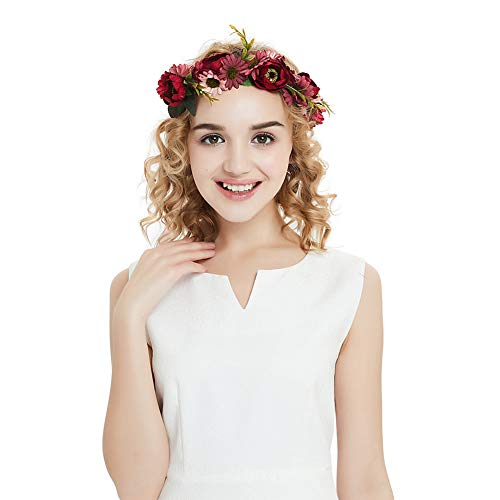 inSowni Handmade Rose Flower Wreath Crown Headband with Ribbon for Women Girls (Burgandy Daisy Ribbon)