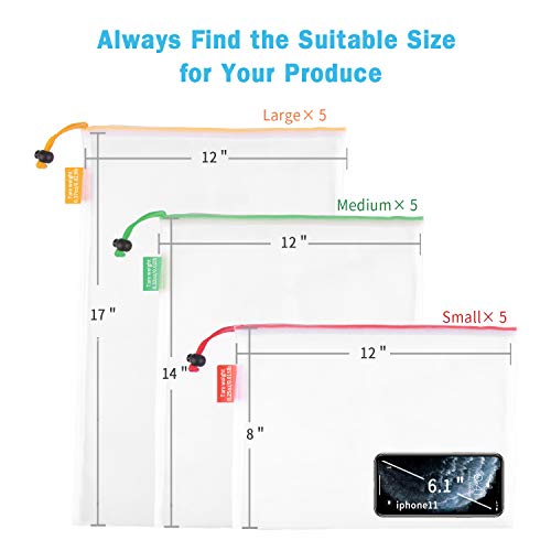 Gogooda Reusable Produce Bags Set of 15 Mesh Produce Bags 3 Size