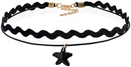 Pentagram Choker Collar Necklaces With Pendant Black Water Wave Lace Leather Layered For Women