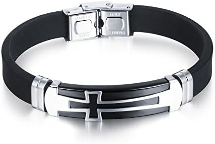 Fashion Men Bracelets Stainless Steel Silicone Sport Wristband Cross Bracelet For Men Boys, Black / Blue