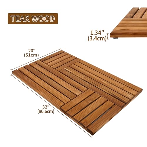 Utoplike Teak Wood Bath Mat, Shower Mats for Bathroom 32 x 20 inch Large | with Non-Slip Pads, Wood Floor Sturdy Mat for Inside Shower, Luxury Spa Home or Outdoor