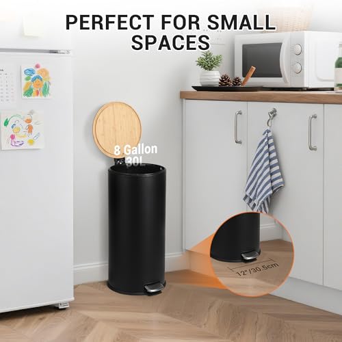 30L Stainless Steel Trash Can with Bamboo Lid, Pedal - Operated Garbage Bin with Removable Inner Bucket for Kitchen, Bathroom, Small Spaces