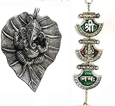 SAARTHI Rajasthani Multicolour Ethnic Divine Spiritual Auspicious Oxidised Shri Ganesh Namah Hanging Statue with Ganesha Figurine Metal Pan Leaf Hanging|Metal Ganesh Ji Statue| Religious Idol| Wall Hanging Ganesh| Home Decor Show piece Gifts |Photo Frame| Wall Sculpture| Home| Office|Wall Décor| Café Décor | Home Accent |Showpiece|| Religious Idol| Wall Hanging Ganesh Ganesha Figurine(Set of 2)