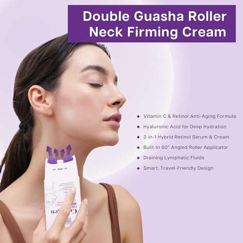 VRAIKO SADOER Gua Sha Neck Cream, Firming Cream for Neck & Jawline Lifting with Double Massage Rollers, Décolleté Moisturizer for Fine Lines, Elasticity and Hydration, 3.8 oz