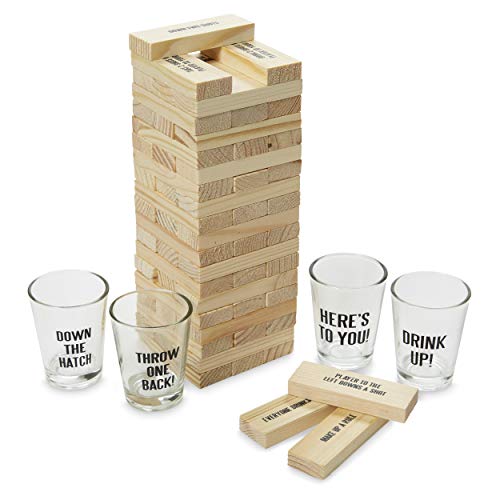 Tri-Coastal Design Shot Blocks Party Building Game with 60 Tower Playing Pieces and 4 Custom Shot Glasses with Funny Sayings for Cocktail Parties and Game Nights