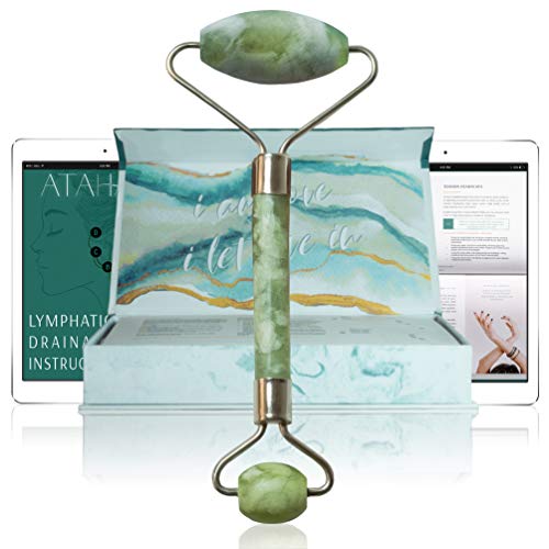 Jade Roller With How-To Video – Lymphatic Massage Tutorial. Rejuvenate Your Face, Neck, and Eyes With This Jade Facial Roller. Perfect for Natural Skin Care, Dark Circles and Puffiness.