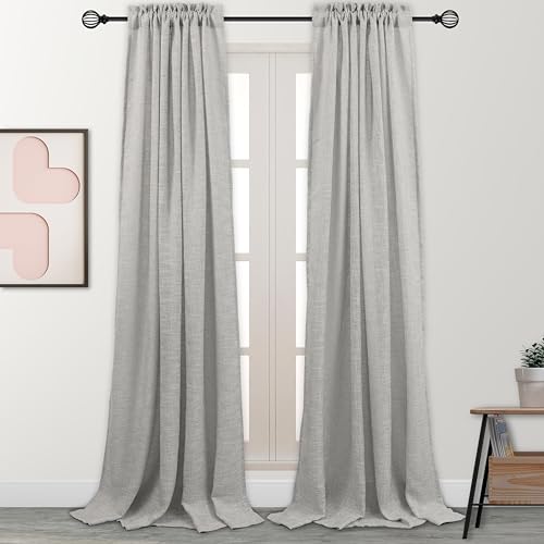 VOILYBIRD GREY PRIVACY THICK LINEN LOOK CURTAINS 84 INCHES LONG FOR LIVING ROOM, RUSTIC FARMHOUSE ROOM DARKENING DRAPES ROD POCKET 2 PANELS 52X84