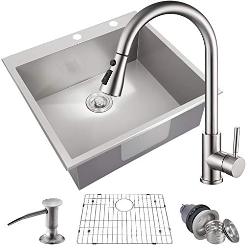 MOWA HMT2522 25" x 22" Pro Series Handmade 16 Gauge Stainless Steel Top Mount Drop In Single Bowl Kitchen Sink w/Sink Bottom Grid, Basket Strainer, Brushed Nickel Pull-down Faucet