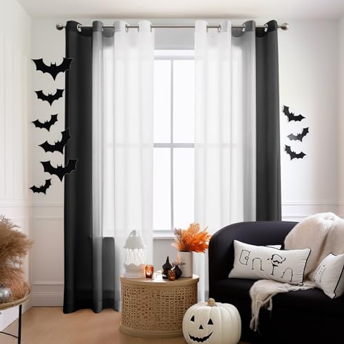 Melodieux Black Ombre Sheer Curtains 96 Inches Long for Living Room, Linen Look White Black Gradient Grommet Voile Drapes, 52 by 96 Inch, 2 Panels