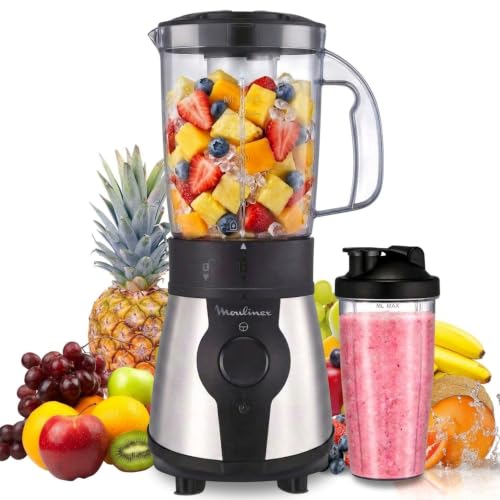 Moulinex Blend&Go LM1B1D 300W Mixer, Smoothie-Mixer mit 750 ml Kunststoffkrug, inklusive 750 ml tragbarer Flasche, 4 abnehmbaren Klingen, Edelstahloberflaechen