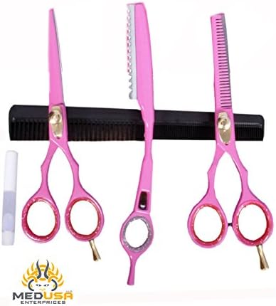 Pink Professional High Quality Japanese Stainless Steel Barber Razor Edge Hair Cutting &amp; Thinning Shears Scissors Set 5.5" with Thinner Razor &amp; Comb