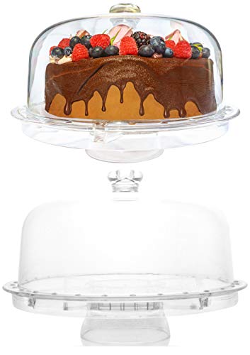 ImpiriLux Acrylic Cake Dome Stand and Multifunctional Serving Platter with Stainless Steel Cake Cutter Server for Desserts, Chips, Salads, Pastry and more
