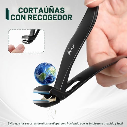 Cortaúñas de cabeza en ángulo para uñas gruesas - cortauñas con recogedor, ergonómico alicates uñas pies de acero inoxidable, cortauñas pies para hombre y mujer grande (negro)
