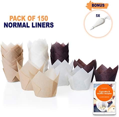150 Cupcake tulip liners Unbleached Baking Cups - Natural Brown White Muffin liners With 5 Piping Bags And E-Book. Perfect To Bake Extra Topping Muffins, Fancy Stand Alone Parchment paper.
