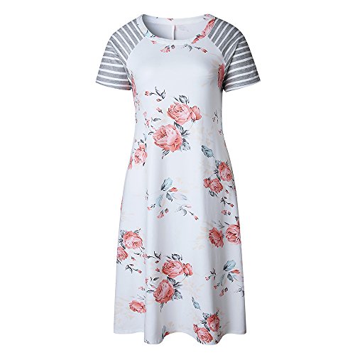 Poptem Womens Midi T-Shirt Dresses Short Sleeve A-Line Ruffles Floral Print Casual Summer Beach Loose Sundresses - Thumbnail 5