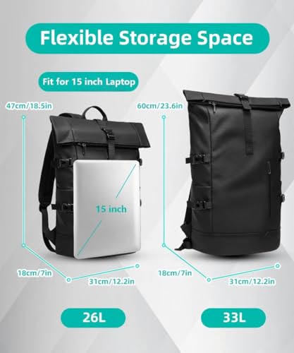 GYakeog Rolltop Backpack Waterproof for Men and Women 33L Large Bicycle Backpack 15 Inch Laptop Backpack Lightweight Perfect for Work School Travel and Outdoor Activities Black