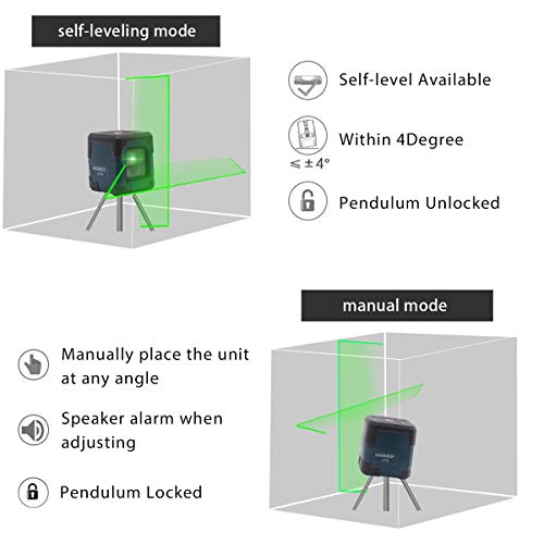 Laser Level, HANMATEK green Cross Line Laser with Measuring Range 50ft, Self-Leveling Vertical and Horizontal Line, Rotatable 360 Degree, Battery Included and Carrying Pouch LV1G