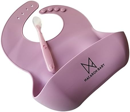 MACARON BABY waterproof silicone bibs, easy to clean, comfortable soft bibs keeps stains off, with food catcher pocket + BONUS Silicon Spoon (FDA &amp; LFGB approved, BPA FREE) (Relieving Lavender)