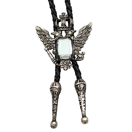 Vintage Silver Russian Imperial 2 Head Eagle Faux Gemstone Leather Western Bolo Bola Tie