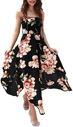 Sleeveless Dress，Women Elegant Sling Waist Floral Print Ruffled Halter V-Neck Blackless Long Dress Irregular Dress Off Shoulder Strappy Cocktail Party Dress Evening Bridesmaid Dress Beige