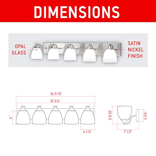 OSTWIN 5-Light Bath Bar Light Up or Down, Interior Bathroom Vanity Wall Lighting Fixture VF42, 5x60 Watt E26 Socket, Satin Nickel Finish with Opal Oval Cone Glass Shade, UL Listed