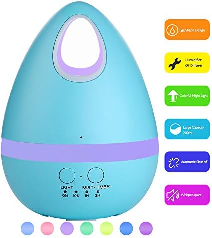 YCTA 200ml Ultrasonic Aroma Essential Oil Diffuser,Eggs Shape Design Cool Mist Humidifier for Home Bedroom Kids Office Yoga Spa,7 Color Lights (Blue)