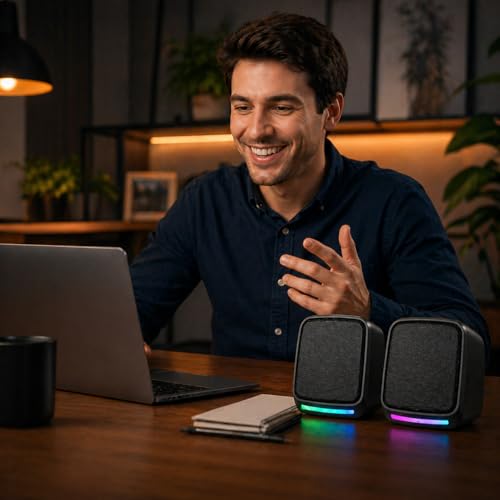 Caixa de Som PC Gamer 10W RMS Estéreo Som Potente com Iluminação LED RGB - para Smartphone, Notebook e Computador - Conexão USB/P2 com Controle de Volume Plug and Play
