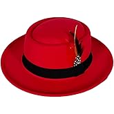 Punctualgood Wool Felt Fedora Hats for Women Men, Wide Brim Flat Top Hat Porkpie Hat, Jazz Hat with Feather Unisex