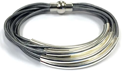 Leather Wrap Bracelet, Cuff Bracelet, Leather Jewelry Very Strong Magnetic Clasp (Gray, X-Large - 8" wrist size)