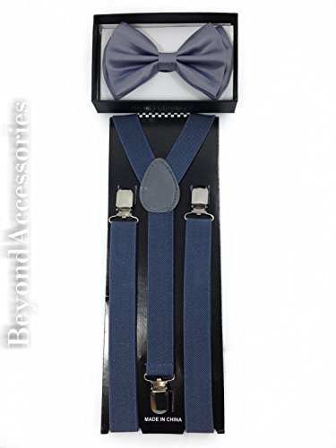 New Suspender Bow Tie Matching Colors Adults Unisex Formal - Halloween - Gray Combo